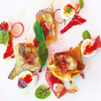 photo de la recette artichauts oeuf de caille et pata negra