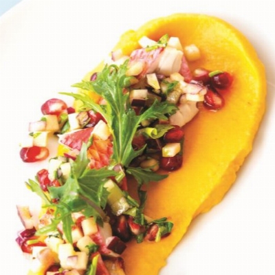 Émincé de Rouget mi-cuit, Vinaigrette Croquante, Mousseline Carotte-Potiron à l’Orange 