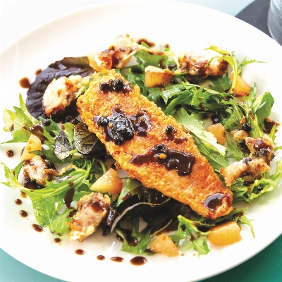 Recette de Rouget en tempura, Pistes et Vinaigrette d’Épices par Michel PORTOS