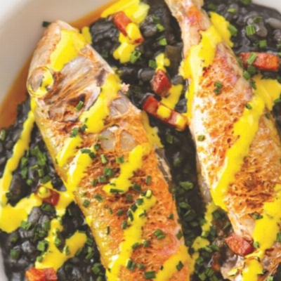 Recette du Rouget grillé sauce Rouille, riz à l’Encre par Michel PORTOS